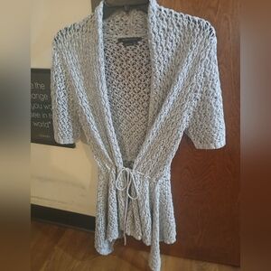 BCBG MAX AZRIA silver & grey crochet short sleeve cardigan